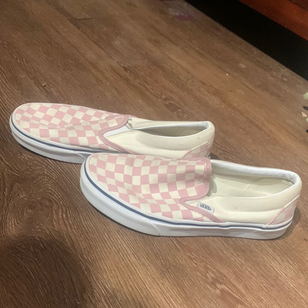 Pink checkered slip on vans